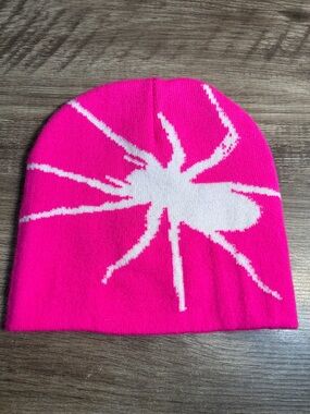 Pink Beanie with White Spider Graphic One Size Kids or Adults